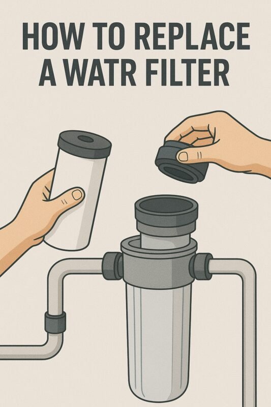 Illustration showing step-by-step process of how to replace a water filter cartridge, with hands removing the old filter and installing a new one in the filter housing.