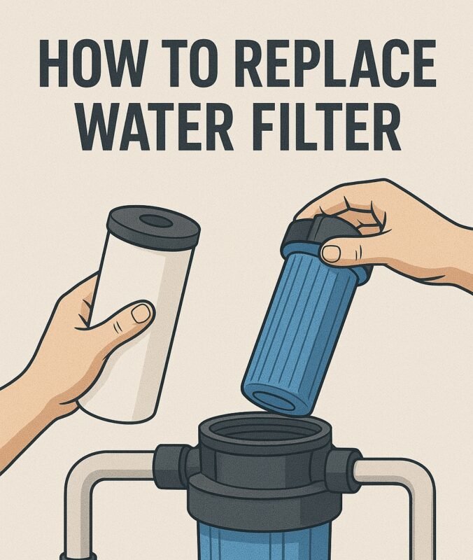 Illustration showing step-by-step process of how to replace a water filter cartridge, with hands removing the old filter and installing a new one in the filter housing.