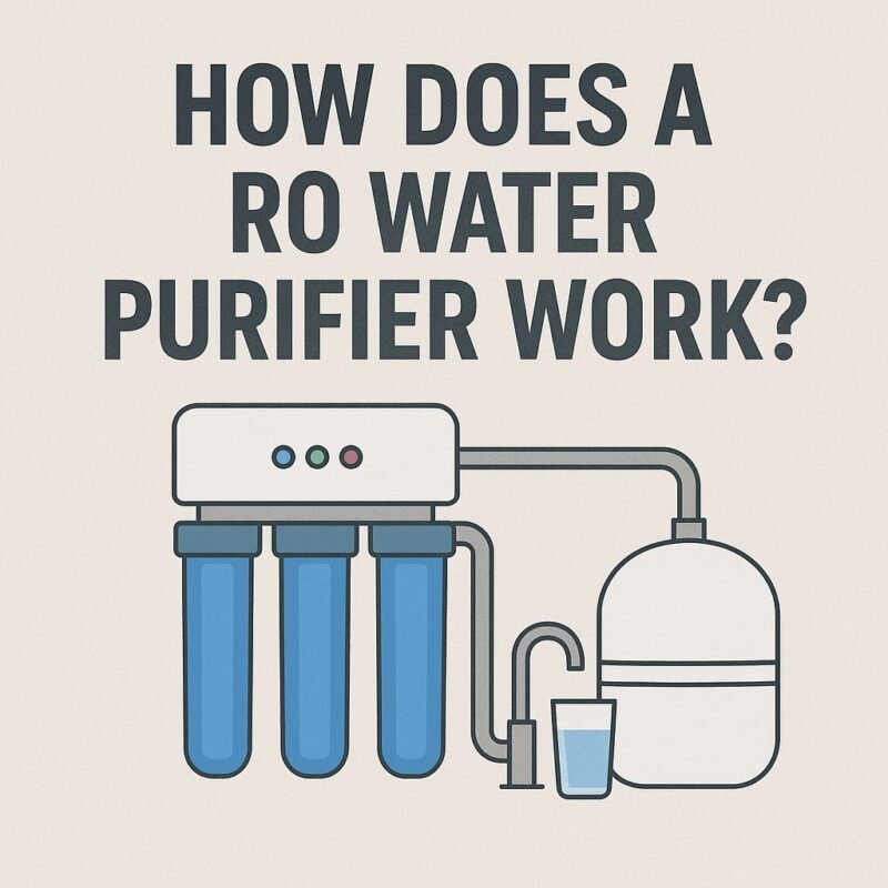 Diagram of how a RO water purifier works, showing reverse osmosis filtration process with water inlet, pre-filters, RO membrane, storage tank, faucet, and clean water output. Keywords: RO water purifier working process, reverse osmosis system, how does RO filter work.