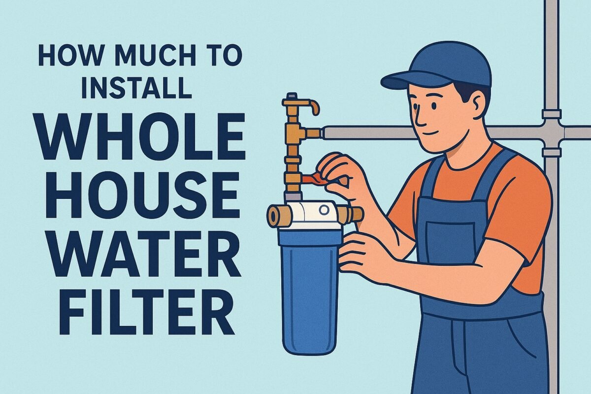 Handyman installing a whole house water filter with a wrench, showing pipes and filtration system during setup.