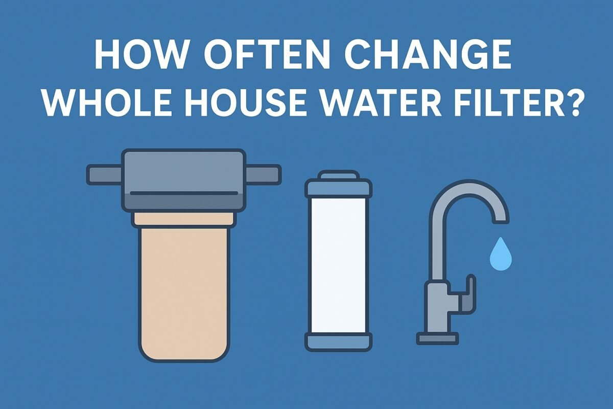 Illustration showing when to change a whole-house water filter, featuring filter cartridges and a calendar reminder. Keywords: whole house water filter, filter change schedule.