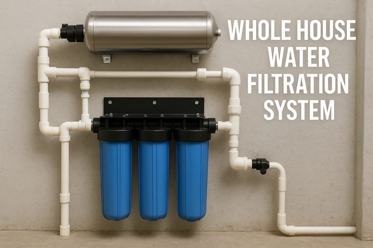 Commercial whole house water filtration system illustration with three blue filter cartridges, stainless steel housing, and PVC pipes mounted on a wall