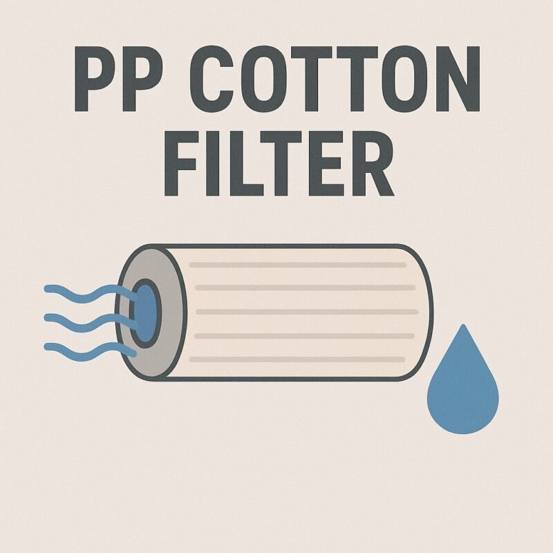 PP cotton filter illustration showing water flowing through the cartridge and filtered water droplets. Keywords: PP cotton filter, sediment filter, water purification.
