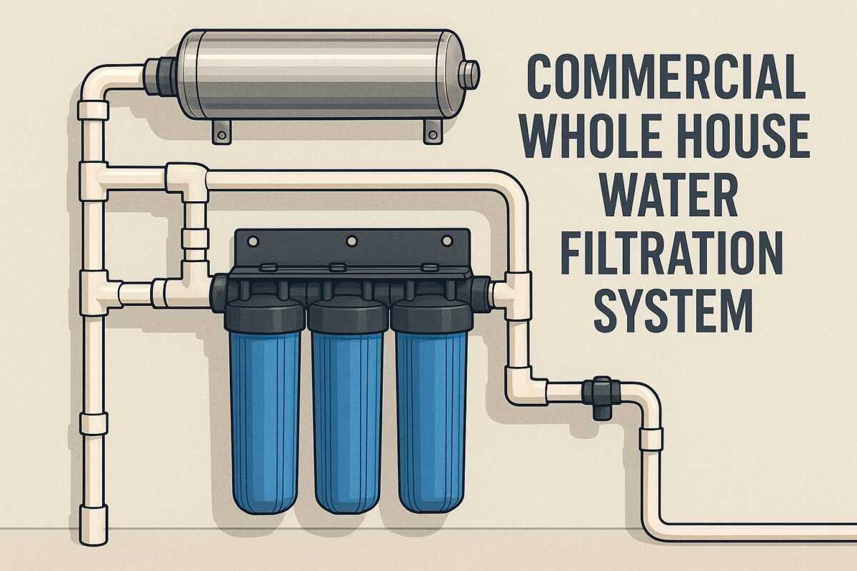 Commercial whole house water filtration system illustration with three blue filter cartridges, stainless steel housing, and PVC pipes mounted on a wall.