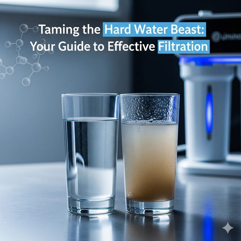 Side-by-side comparison of two glasses of water. The left glass contains clear, purified water, while the right glass shows cloudy, yellowish hard water with visible sediment. A modern water purification system is in the background, with the title 'Taming the Hard Water Beast: Your Guide to Effective Filtration