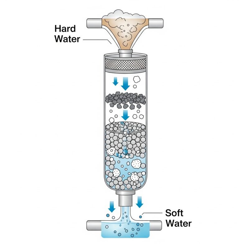 An illustrative diagram showing the hard water purification process. Hard water flows from the top, passing through multiple layers of filter media (such as activated carbon and resin beads), and exits as soft water at the bottom. Labels clearly indicate 'Hard Water' entering and 'Soft Water' exiting the filter