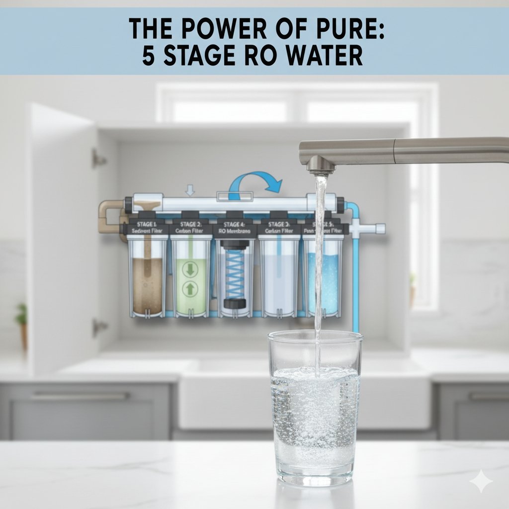 An illustrative diagram of a 5-stage reverse osmosis water filter, showing the purification process from murky water entering on the left to a sparkling, clean stream exiting on the right.