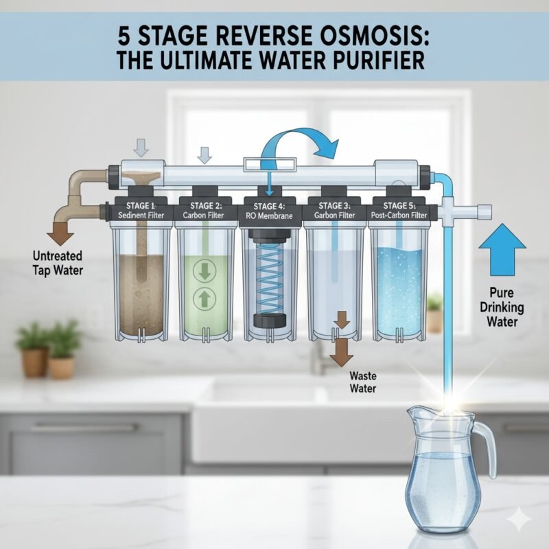 A close-up, static shot of a clean kitchen counter with a glass filled with crystal-clear, purified water. A 5-stage reverse osmosis water filter is subtly visible under the sink in the background, with no people present.