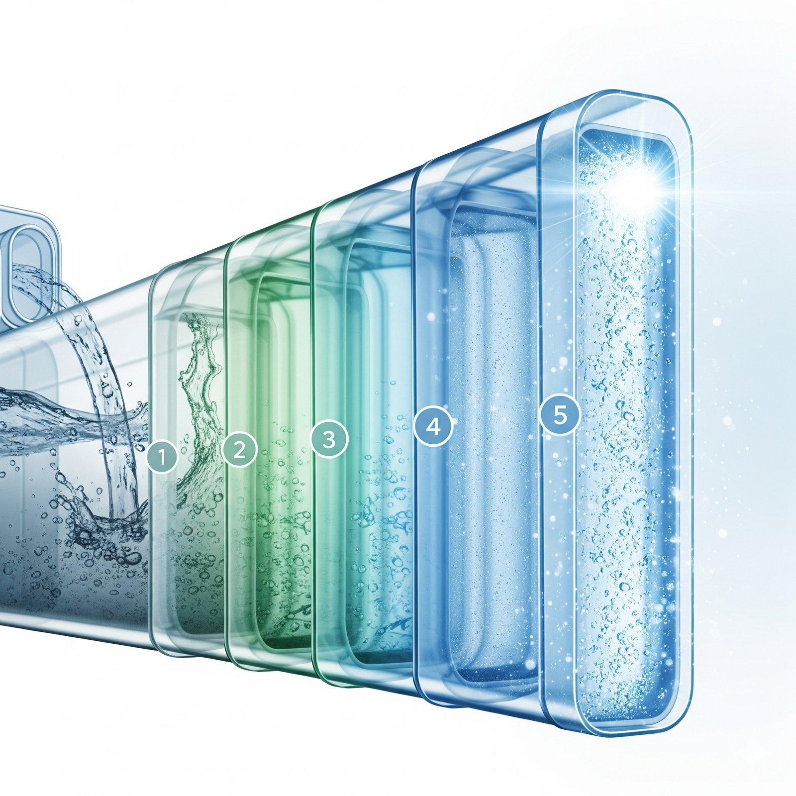An illustration showing the purification process of a 5-stage RO water filter, with murky water entering on the left and a sparkling, clean stream of water exiting on the right.