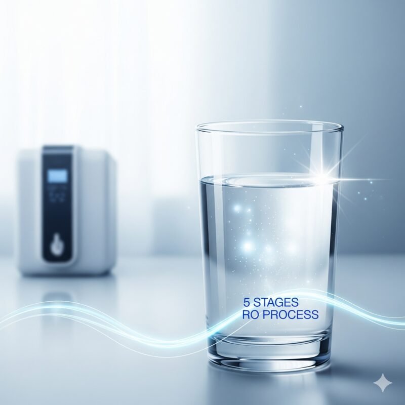 An illustration showing the purification process of a 5-stage RO water filter, with murky water entering on the left and a sparkling, clean stream of water exiting on the right.