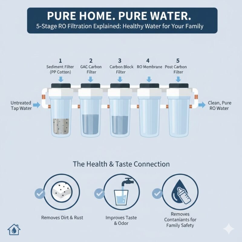 A detailed 5 stage RO water filter system diagram for home use. yourwatergood systems feature high-quality PP cotton and RO membranes to remove dirt, rust, and contaminants, ensuring healthy and pure drinking water for your family.