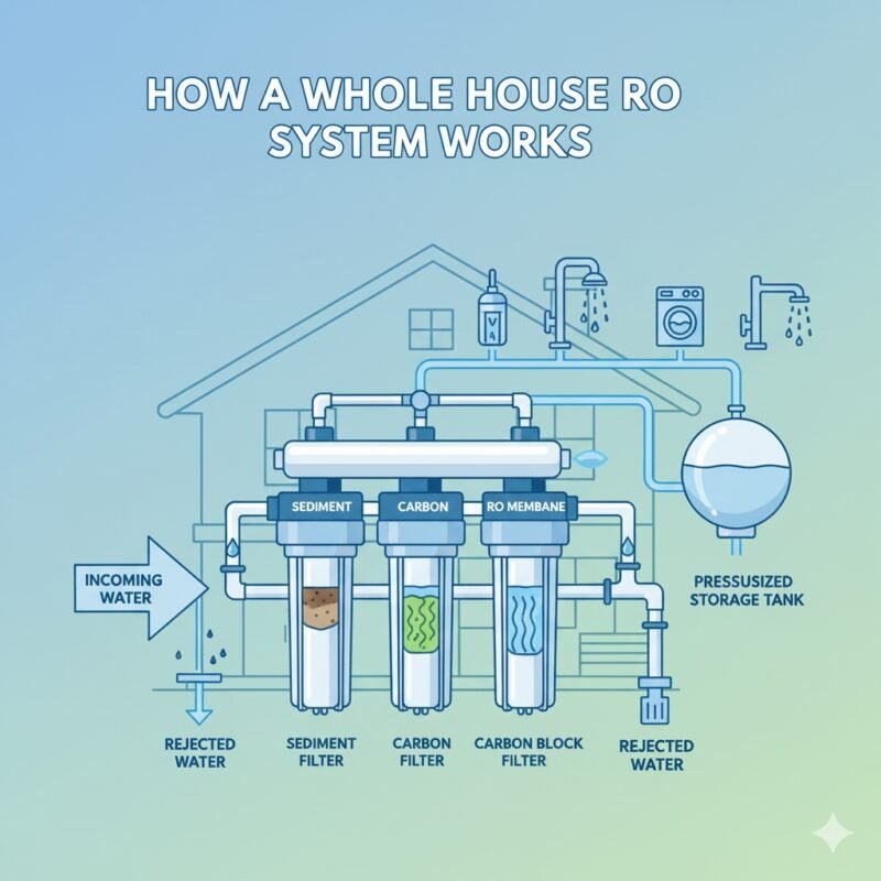A detailed illustration explaining the working principle of a whole house RO water filter system. The system consists of multiple filter cartridges and pipes with clear labels indicating water flow direction and the function of different filtration stages. Key components include 'INCOMING WATER', 'SEDIMENT', 'CARBON', 'POST-FILTER', as well as outlets for 'PURE WATER' and 'REJECTED WATER'. The overall image uses soft blue and green tones with crisp lines, visually explaining the RO filtration process within a residential setting.