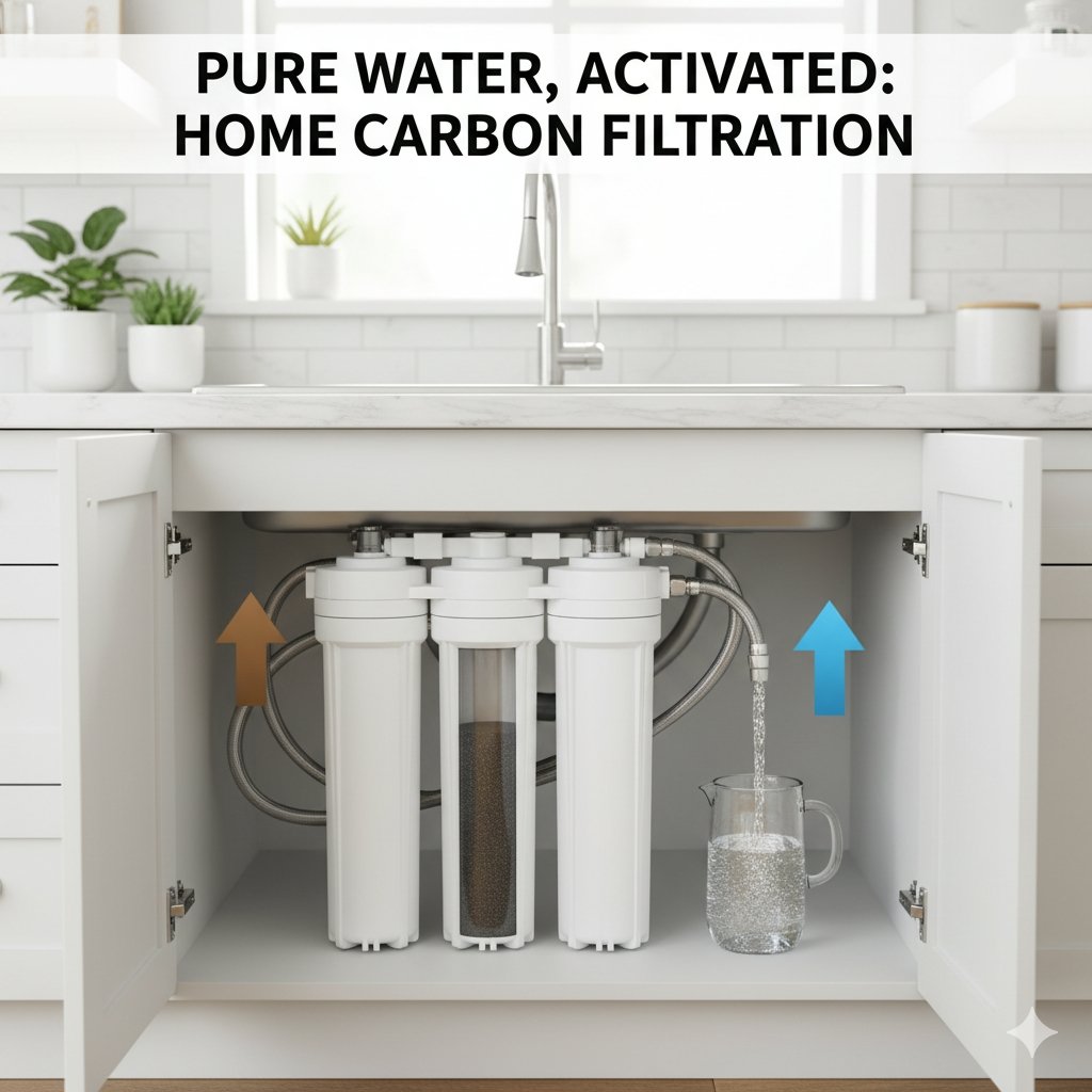An illustrative diagram of a carbon water filter system for home, showing untreated water entering a filter housing filled with activated carbon media and exiting as a clean, purified stream.
