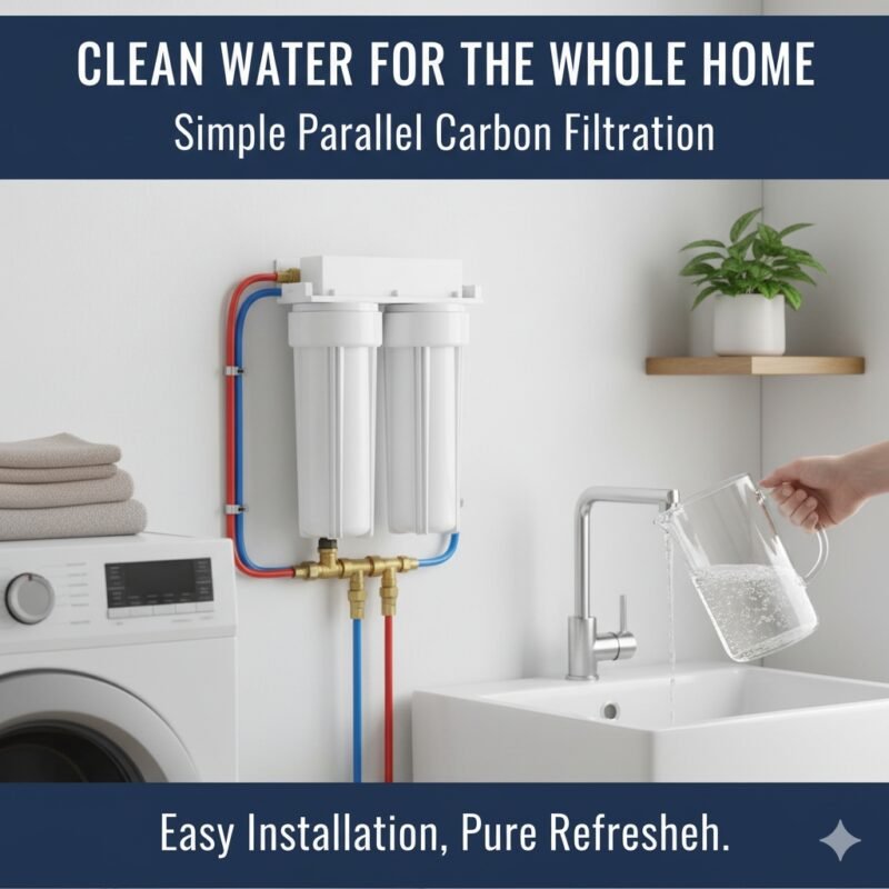 carbon water filter systems for home, whole-house activated carbon filter, residential water purification, clean and fresh drinking water at home.