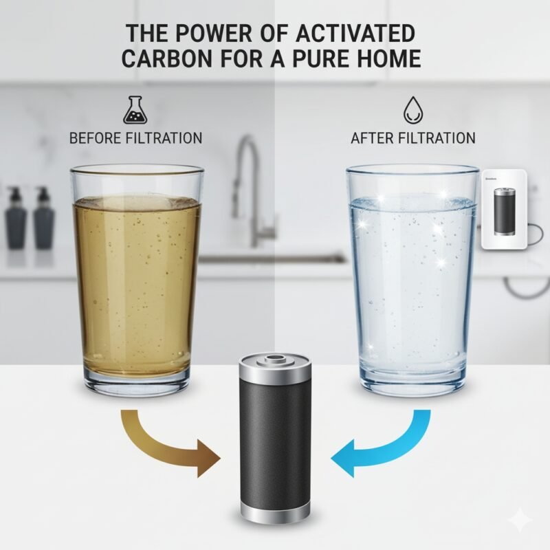 A side-by-side comparison illustrating the difference between unfiltered and filtered water. The left side shows a glass with cloudy, brownish water, while the right side shows a glass with sparkling, clear water, representing the effect of a carbon water filter system for home.