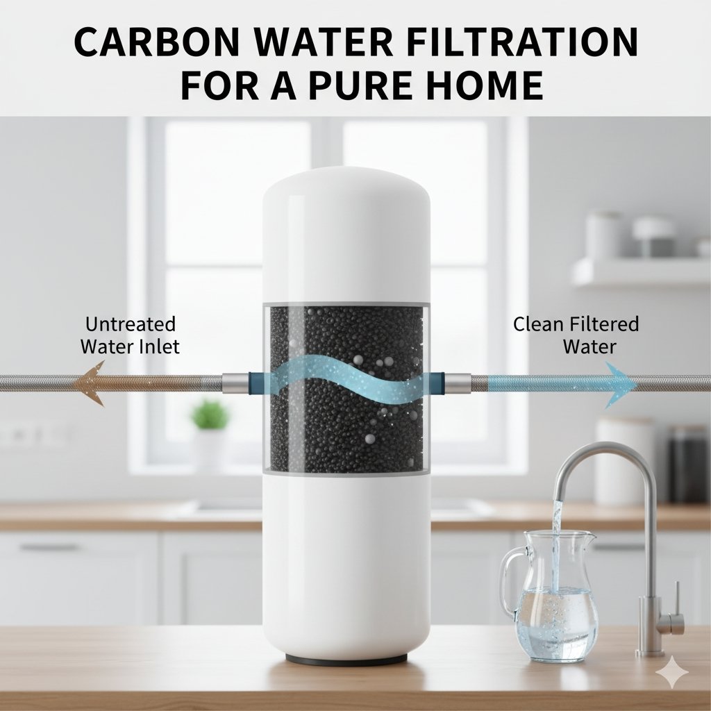 An illustrative diagram showcasing a carbon water filtration system for home use. Untreated water enters the system, passes through a visible chamber filled with activated carbon, and clean filtered water exits into a pitcher on a kitchen counter.