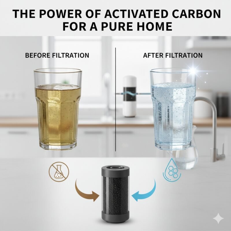 A side-by-side comparison of two glasses of water, one labeled "Before Filtration" showing murky water, and the other labeled "After Filtration" showing sparkling clean water. In the background, a carbon water filtration system is visible in a modern kitchen setting.