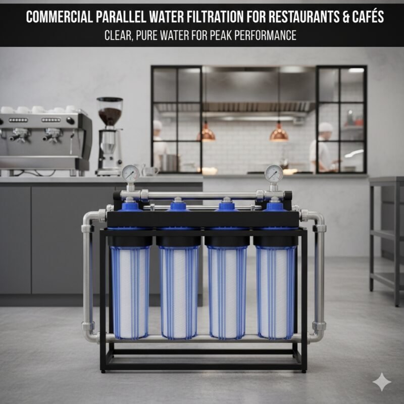 A commercial parallel water filtration system for restaurants & cafés, featuring four blue-capped PP cotton filter housings on a black frame, with pressure gauges and chrome piping, set in a modern cafe kitchen environment, illustrating pure water for peak performance.