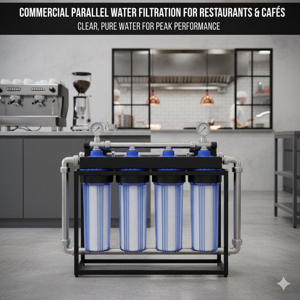 A commercial parallel water filtration system for restaurants & cafés, featuring four blue-capped PP cotton filter housings on a black frame, with pressure gauges and chrome piping, set in a modern cafe kitchen environment, illustrating pure water for peak performance.