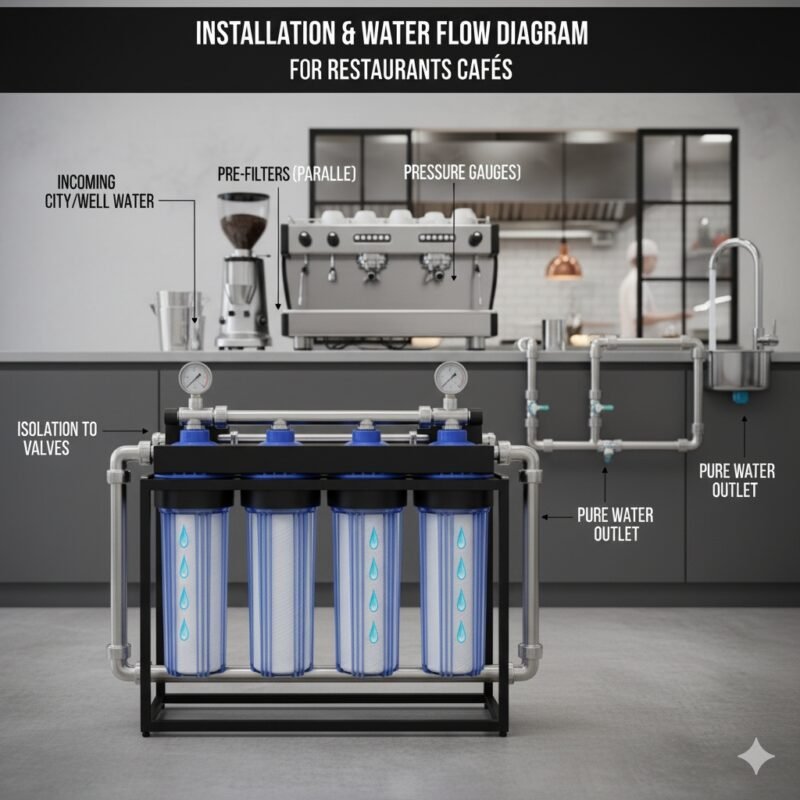 A commercial parallel water filtration system for restaurants & cafés, featuring four blue-capped PP cotton filter housings on a black frame, with pressure gauges and chrome piping, set in a modern cafe kitchen environment, illustrating pure water for peak performance.