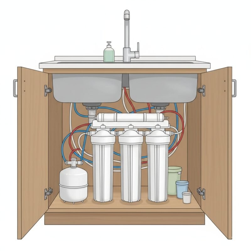 Home hard water filter system, under-sink RO water filter, residential hard water treatment, reverse osmosis system for home, whole-house water filtration for hard water.