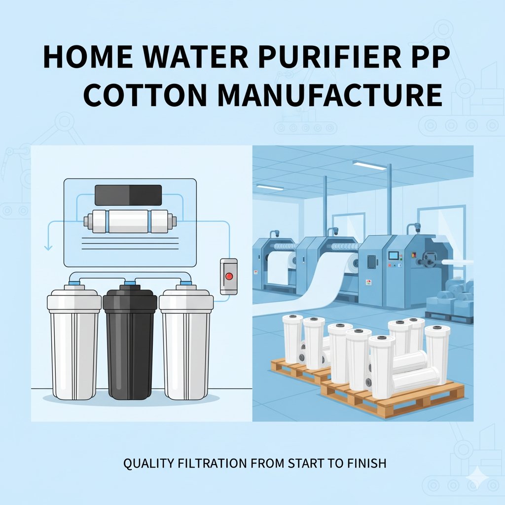 A detailed illustration of a water purification system's internal workings, emphasizing the core function of the home water purifier pp cotton manufacture process. The design includes a box of new filters and a clean, sterile environment, suggesting quality and cleanliness.