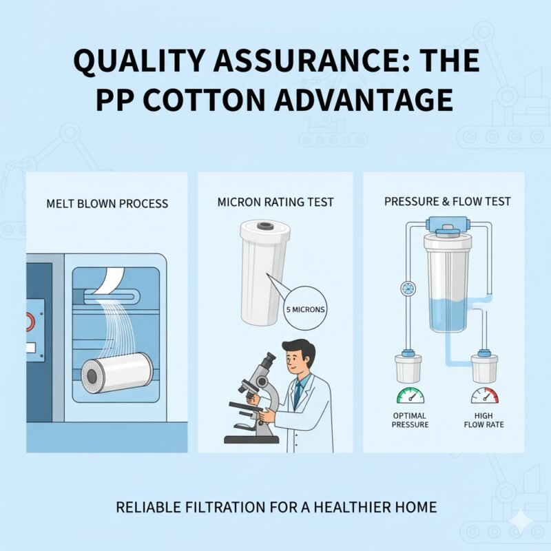 An infographic-style illustration that visually breaks down how a home water filter works. It highlights the primary role of the PP cotton filter, with a backdrop showing the manufacturing floor and machinery. This image is perfect for a blog post explaining the quality control behind home water purifier pp cotton manufacture.