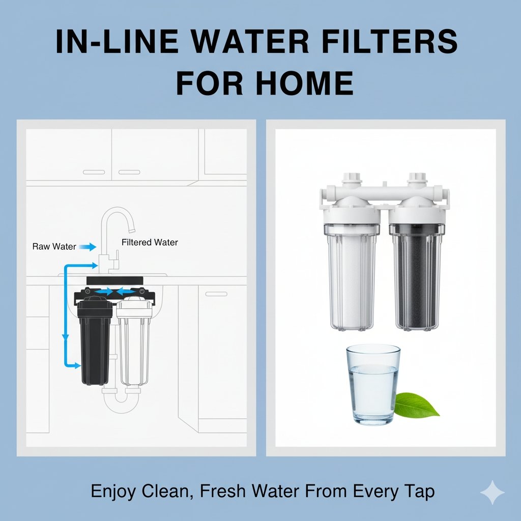 An inviting and detailed illustration of an in-line water filters for home system installed under a kitchen sink. The image highlights its space-saving design and clean, efficient integration into the home's plumbing, showcasing its simplicity and effectiveness.