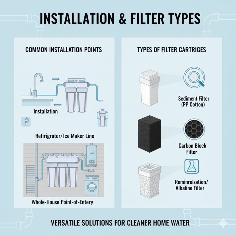 A comprehensive diagram of a multi-stage in-line water filters for home, showing different filter types like sediment and carbon blocks. The illustration emphasizes the versatility of these systems, which can be easily customized to fit various household needs for cleaner drinking water.