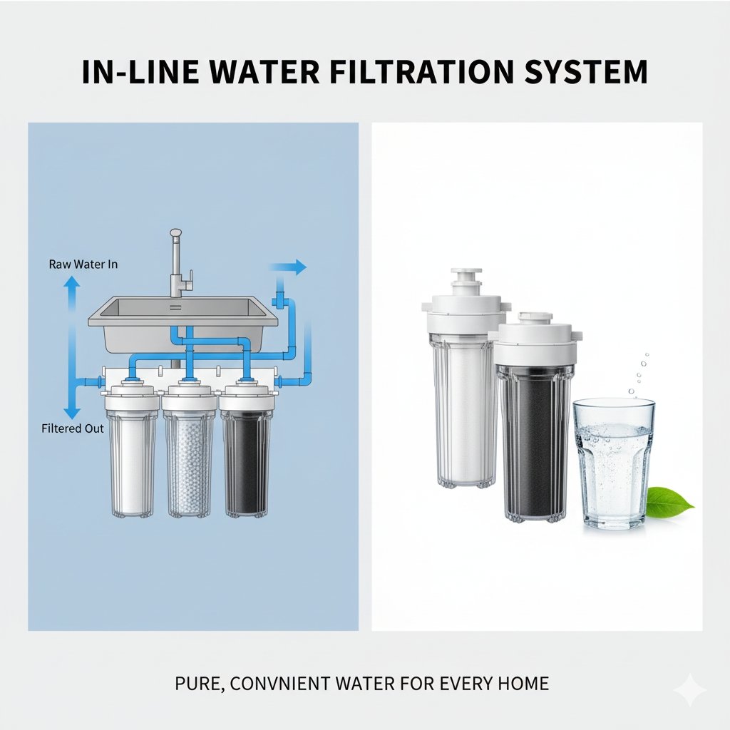 A stylized cross-section diagram showing the installation and function of an in-line water filtration system under a sink. The illustration clearly depicts the water flow, highlighting the compact and efficient design for modern home use.