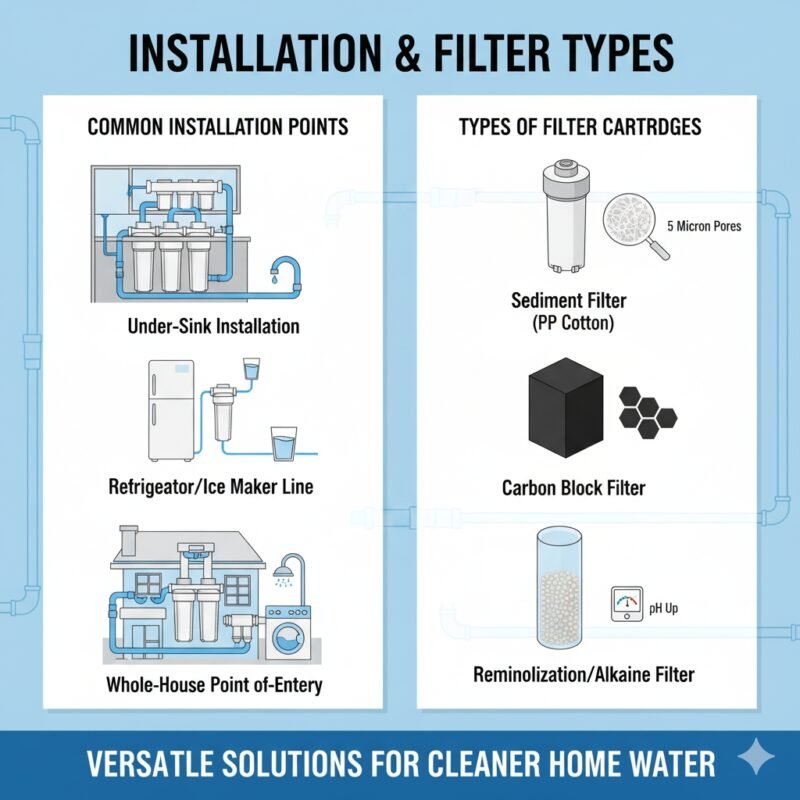 An illustrative graphic showcasing the multi-stage filter arrangement within an in-line water filtration system. The image emphasizes the sequence of filtration cartridges (sediment, carbon, etc.), explaining how contaminants are removed to provide clean drinking water.