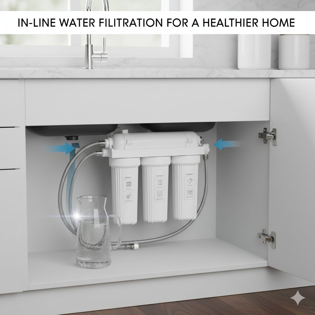 An illustrative diagram of an in-line water filtration system for home use, showing the purification process from dirty water to clean water. The system is installed under a sink, with pipes connecting it to the faucet.