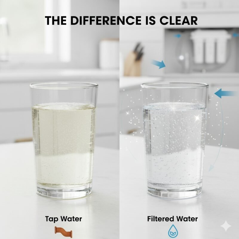 A person in a kitchen using a faucet to fill a glass with clean, purified water from an in-line water filtration system for home, which is partially visible beneath the sink.