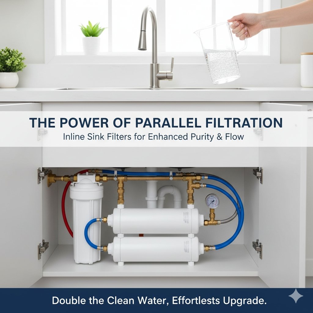 inline sink filter, parallel inline sink water filter, under-sink parallel filtration system, space-saving water purification, DIY water filter installation.