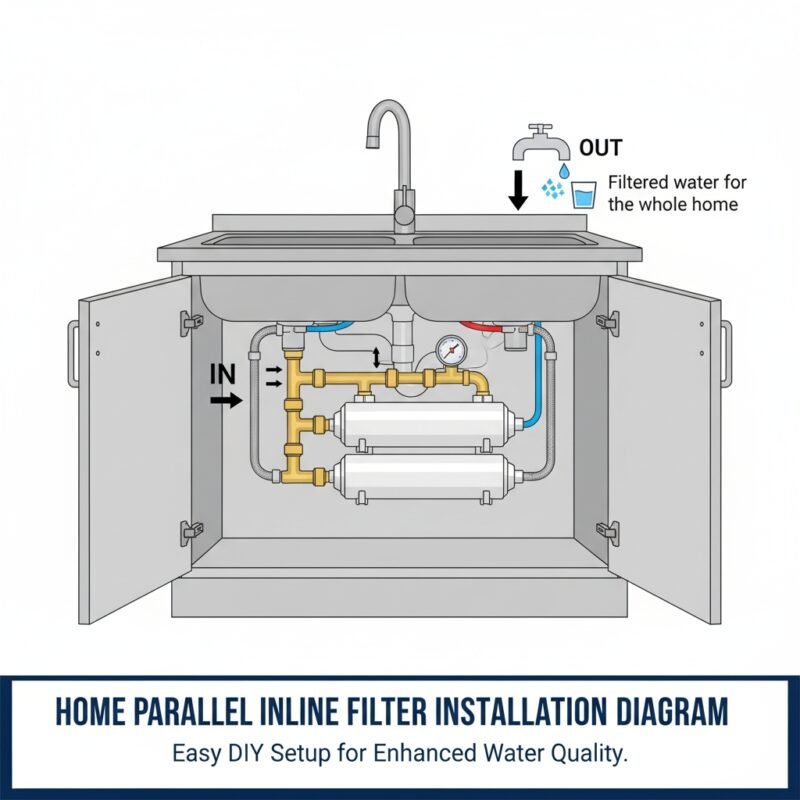 inline sink filter installation diagram, parallel inline filter setup, under-sink water filtration system, series and parallel water filter connections, home drinking water purification.