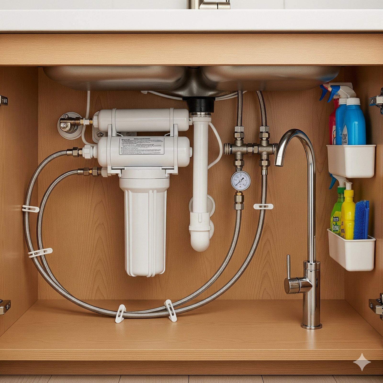 inline under sink water filter, compact under sink water filtration, easy DIY installation, kitchen water filter solution, clean drinking water at home.