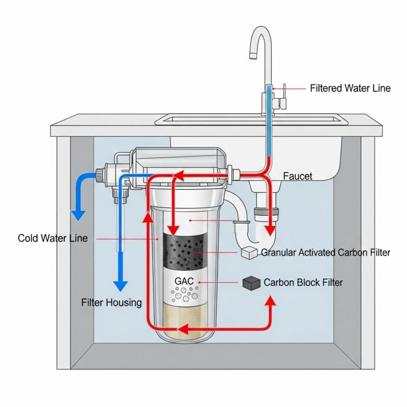 inline under sink water filter, filtration diagram, how an under sink filter works, water flow path, easy setup water filter.