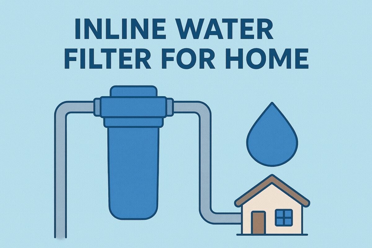 Inline water filter for home — plumber installing an inline water filter with pipes and house icon.