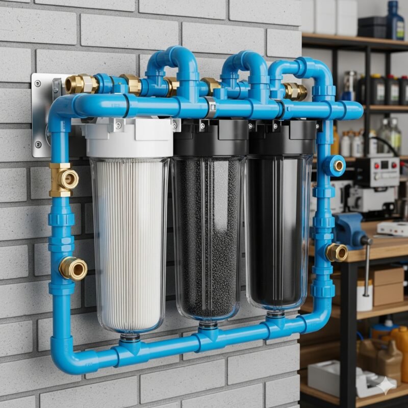 Inline water filter for home factory — inline filter connected to a factory and a house with pipes and a water droplet.