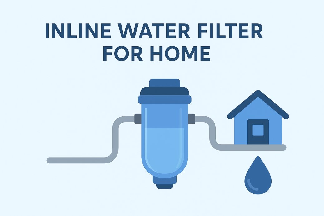 Inline water filter for home factory — inline filter connected to a factory and a house with pipes and a water droplet.