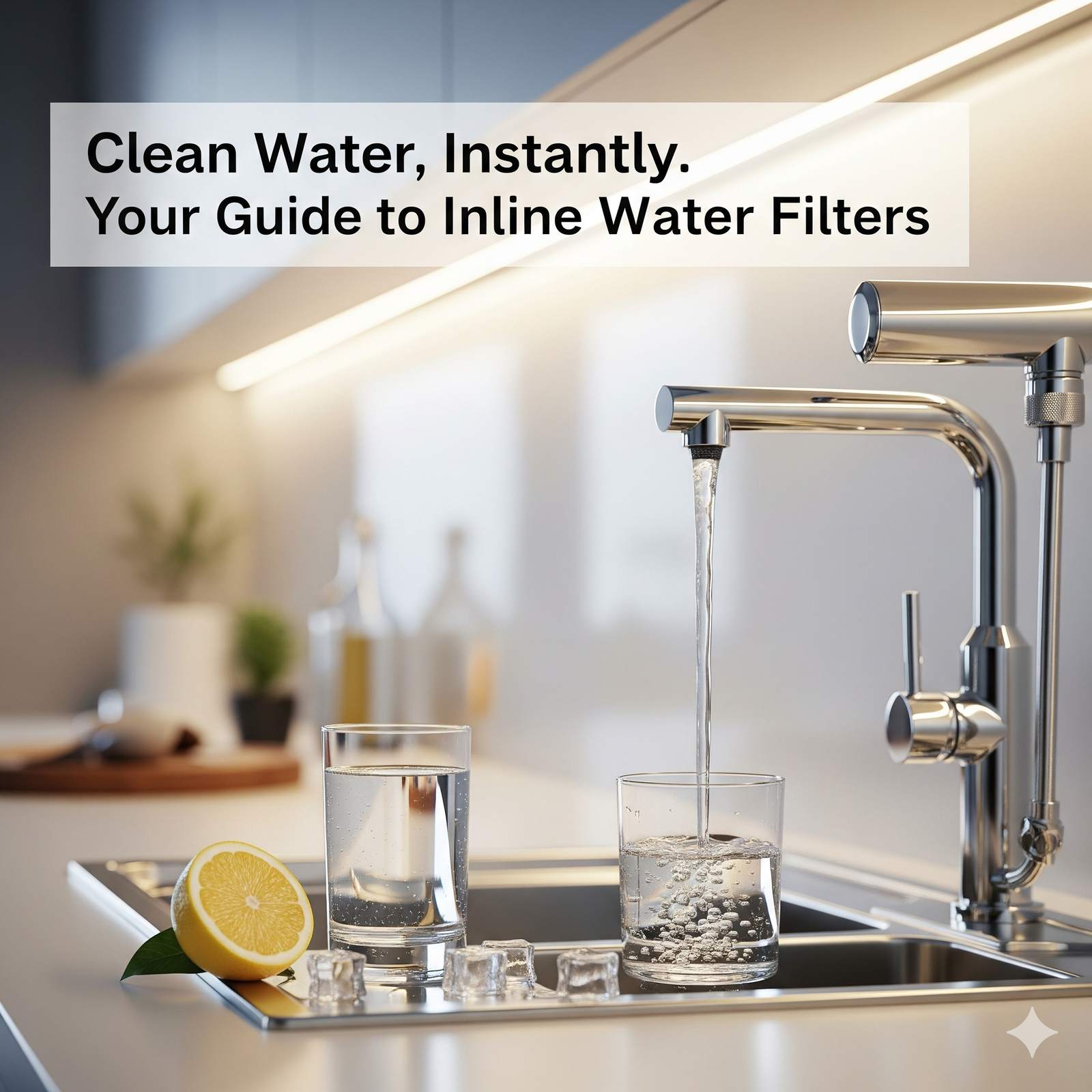 An under-sink inline water filter system for home use, with clear water flowing from the faucet into a glass, next to another full glass of water. The image promotes home water filter manufacturers, highlighting convenient and healthy drinking water solutions.