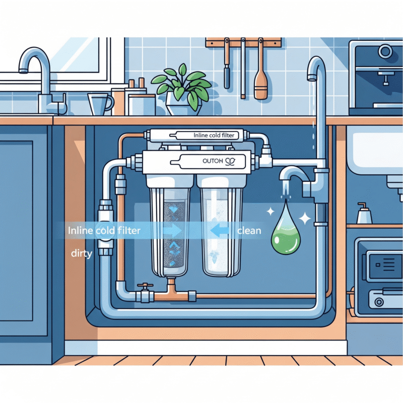 An under-sink inline water filter system for home use, with clear water flowing from the faucet into a glass, next to another full glass of water. The image promotes home water filter manufacturers, highlighting convenient and healthy drinking water solutions.