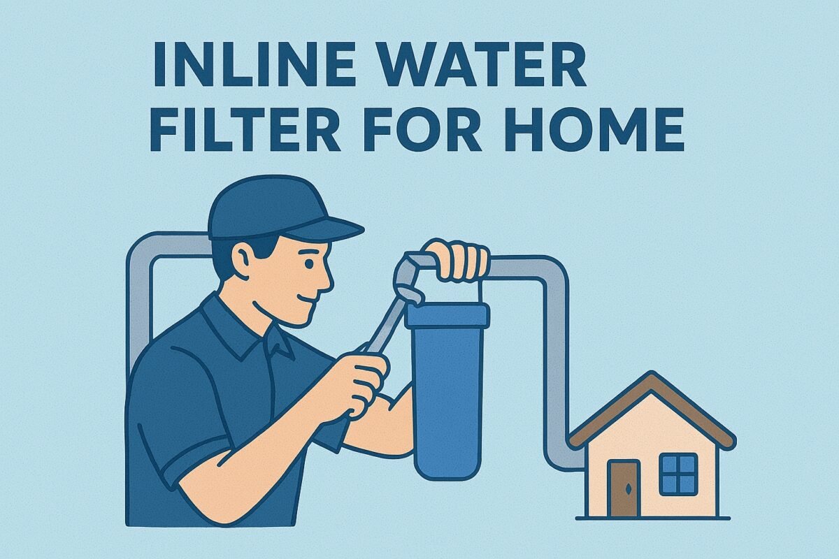 Inline water filter for home — plumber installing an inline water filter with pipes and house icon.