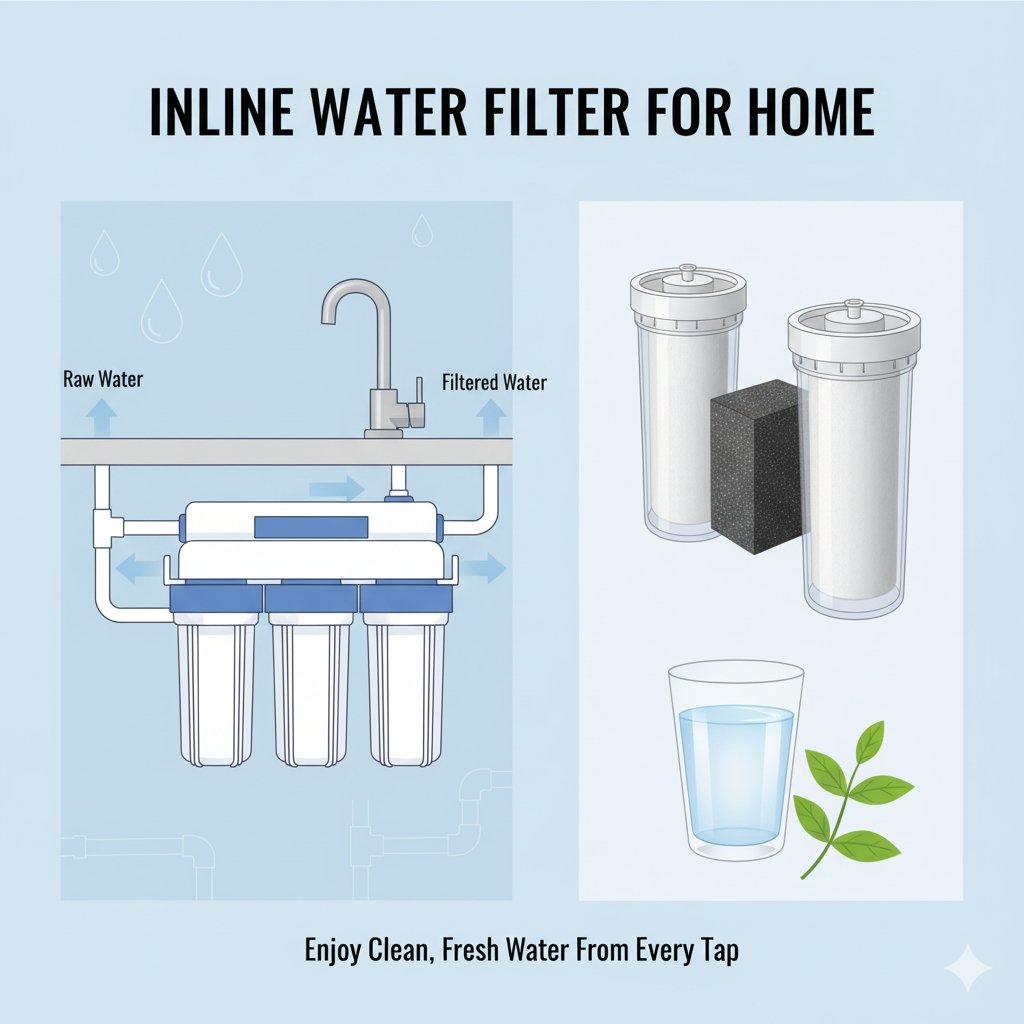 A clean and modern illustration of an inline water filter for home installed under a kitchen sink. The image shows the filter connected to the plumbing, with a clean stream of water flowing out of the faucet, visually representing the benefits of filtered water.