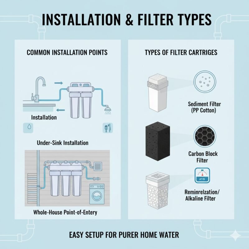 An illustrative infographic that breaks down the different stages of a multi-stage inline water filter for home. Each filter cartridge (sediment, carbon block, etc.) is shown with a brief description of its function, making it easy for homeowners to understand the filtration process.