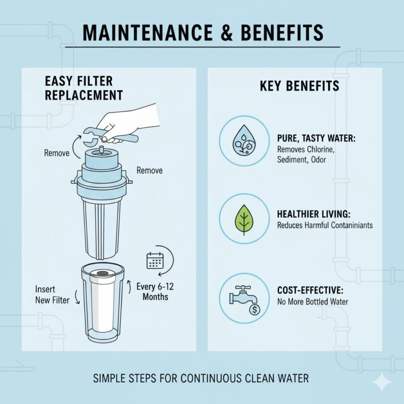 A step-by-step diagram showing the simple process of replacing a cartridge in an inline water filter for home. The illustration includes visual cues for shutting off the water and twisting out the old filter, highlighting the ease of maintenance for homeowners.