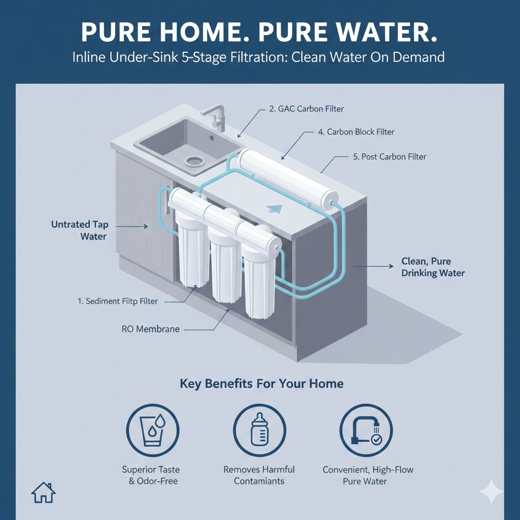 A 3D isometric diagram of an inline under sink water filter system in a kitchen cabinet. yourwatergood offers compact 5-stage filtration with high-quality PP cotton to provide clean, high-flow drinking water for homes.