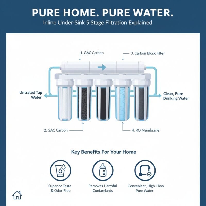 An technical infographic explaining the inline under sink 5-stage filtration process. yourwatergood household water purifiers use advanced RO membranes and carbon blocks to ensure superior taste and odor-free water.