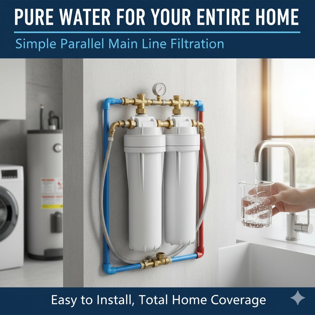main line water filter for home, parallel whole house water filter, residential main water line filtration, easy installation home water purifier.