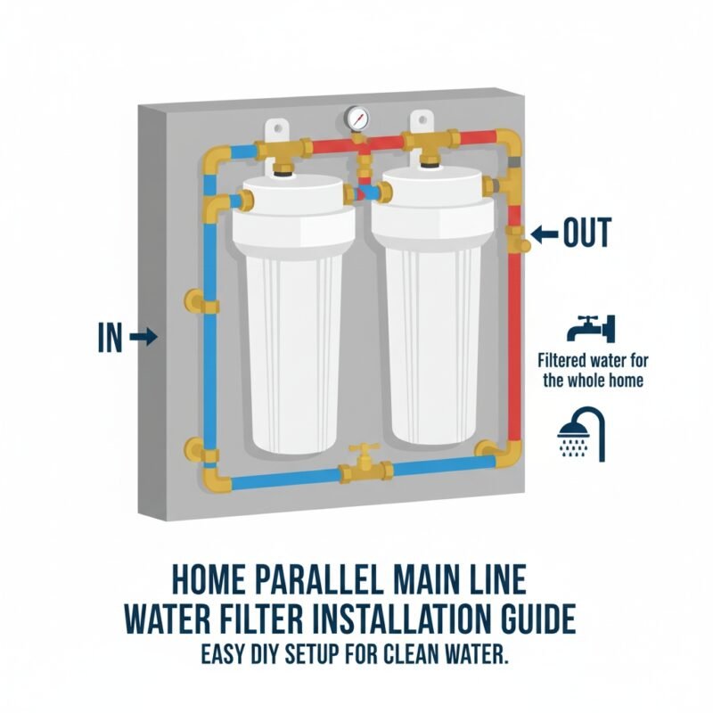 main line water filter for home, parallel filter installation diagram, whole-house water filtration system, DIY main line water filter setup, complete home water treatment.